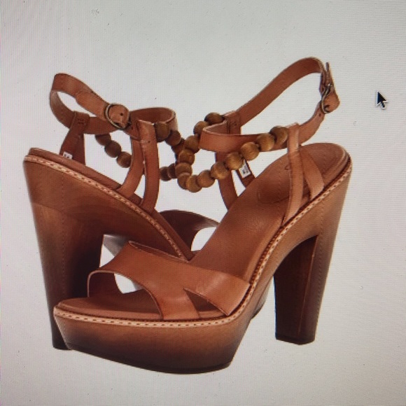 UGG tan nude leather peep toe retro heels wooden platform bead anklet - Picture 2 of 6